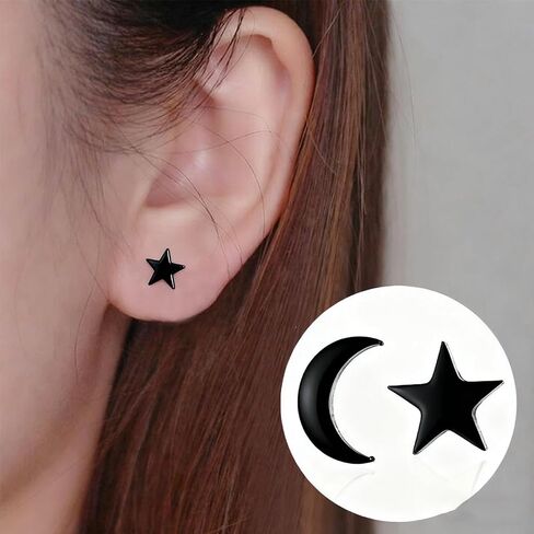 Stainless Steel Black Moon Star Stud Earrings, 8mm Moon 7mm Star Small Earrings in Saudi Arabia