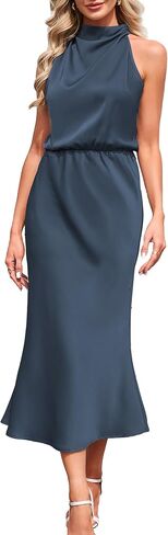 Bluetime Womens Summer Dresses Sleeveless Mock Neck Satin Maxi Dress Flowy Elastic Waist Elegant Cocktail Wedding Guest Dress in Saudi Arabia