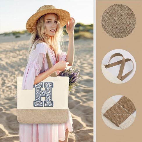 Initial Canvas Tote Bag, Womens Personalized Monogram H Tote Bags, Suitable for Wedding Engagement Parties Honeymoon Birthday Beach Holiday, Gift for Women Grandma Mom Teacher Friends Bridesmaids in Saudi Arabia