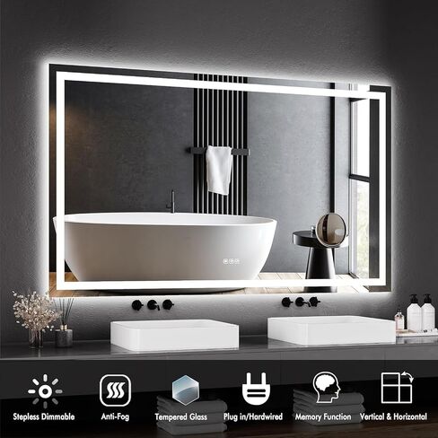 60 x 36 Inch Smart LED Bathroom Mirror，Dimmable Front + Backlit Illumination with Anti-Fog & Memory Function，Shatter-Resistant Design for Horizontal or Vertical Mounting in Saudi Arabia