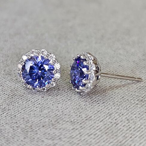Halo Stud Earring, Blue Tanzanite Cubic Zirconia, Prong Setting, Gold-Plated Brass, December Birthstone jewerly,Dainty Fashion Jewelry for Women, in Kuwait