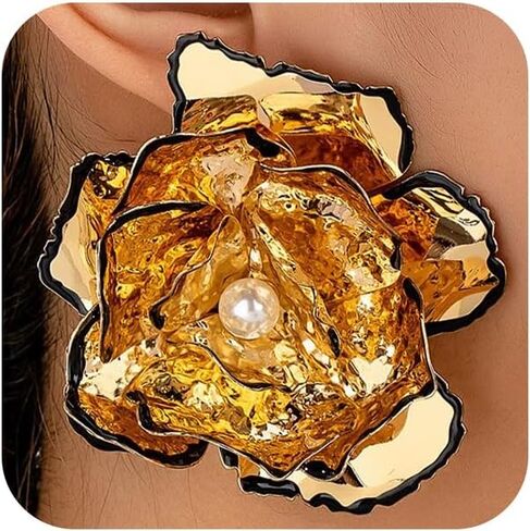 Unique Large Statement Gold Flower Stud Earrings for Women Trendy, Charm Big Floral Pearl Earring Oversized Cocktail Party Prom Jewelry Accessories in Saudi Arabia