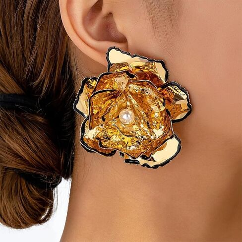 Unique Large Statement Gold Flower Stud Earrings for Women Trendy, Charm Big Floral Pearl Earring Oversized Cocktail Party Prom Jewelry Accessories in Saudi Arabia