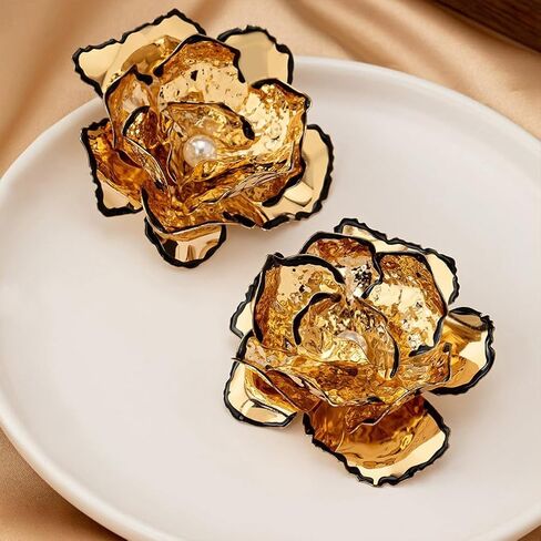 Unique Large Statement Gold Flower Stud Earrings for Women Trendy, Charm Big Floral Pearl Earring Oversized Cocktail Party Prom Jewelry Accessories in Saudi Arabia