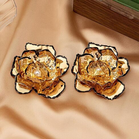 Unique Large Statement Gold Flower Stud Earrings for Women Trendy, Charm Big Floral Pearl Earring Oversized Cocktail Party Prom Jewelry Accessories in Saudi Arabia