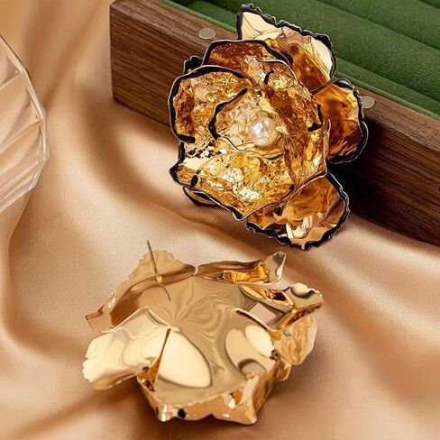 Unique Large Statement Gold Flower Stud Earrings for Women Trendy, Charm Big Floral Pearl Earring Oversized Cocktail Party Prom Jewelry Accessories in Saudi Arabia
