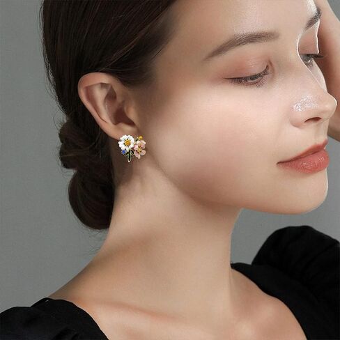 925 Silver Needle Enamels Crystal Daisy Flower Leaves Mushroom Stud Earrings Sunflower and Red Poppy Flower Stud Earrings Jewelry Gifts for Women Girls in Kuwait