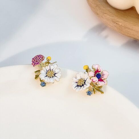 925 Silver Needle Enamels Crystal Daisy Flower Leaves Mushroom Stud Earrings Sunflower and Red Poppy Flower Stud Earrings Jewelry Gifts for Women Girls in Kuwait