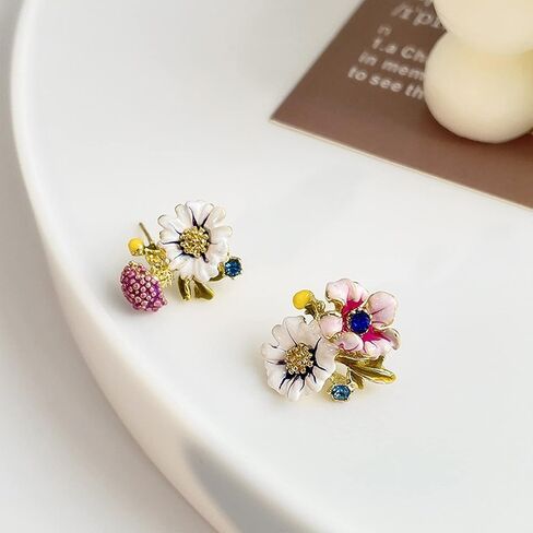 925 Silver Needle Enamels Crystal Daisy Flower Leaves Mushroom Stud Earrings Sunflower and Red Poppy Flower Stud Earrings Jewelry Gifts for Women Girls in Kuwait