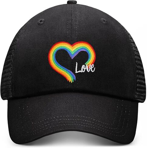 Rainbow Heart Pride Hats for Men and Women, LGBT Gifts, Adjustable Embroidered Gay Black Baseball Hat in Saudi Arabia