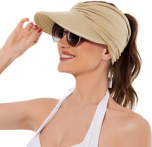 Wide Brim Visor Hats for Women-Lightweight Packable Ponytail Hat, Comfortable Quick-Dry Sun Visor for Casual (Khaki) in Kuwait