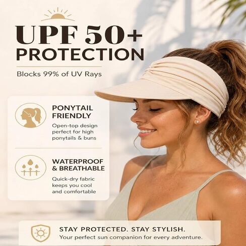 Women's UPF 50+ UV Protection Sun Visor Hat, Brim Lightweight Foldable Ponytail Cap for Women, Womens Sun Hat in Saudi Arabia