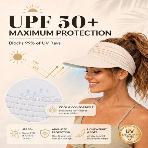 Women's UPF 50+ UV Protection Sun Visor Hat, Brim Lightweight Foldable Ponytail Cap for Women, Womens Sun Hat in Saudi Arabia