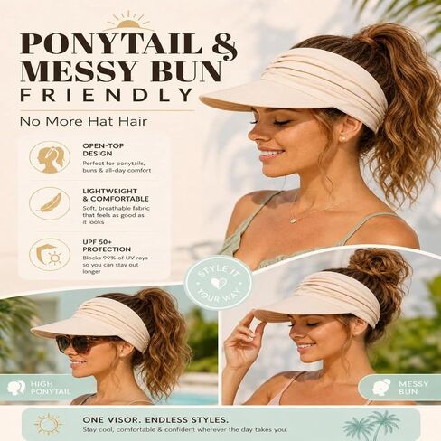 Women's UPF 50+ UV Protection Sun Visor Hat, Brim Lightweight Foldable Ponytail Cap for Women, Womens Sun Hat in Saudi Arabia