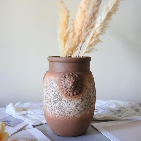 Rustic Farmhouse Vase, Lion Head Pattern Design for All Home Decor Styles, Ceramic Flower Vase, Ideal for Living Room,Dining Room, Mantel, Bedroom,Office, Bookshelf Decoration in Saudi Arabia