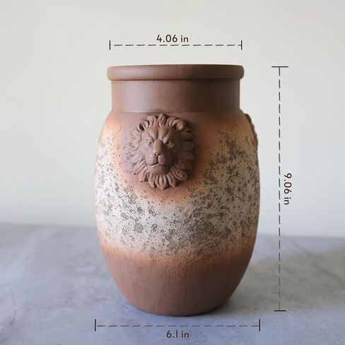 Rustic Farmhouse Vase, Lion Head Pattern Design for All Home Decor Styles, Ceramic Flower Vase, Ideal for Living Room,Dining Room, Mantel, Bedroom,Office, Bookshelf Decoration in Saudi Arabia