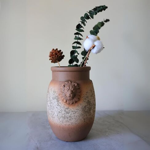 Rustic Farmhouse Vase, Lion Head Pattern Design for All Home Decor Styles, Ceramic Flower Vase, Ideal for Living Room,Dining Room, Mantel, Bedroom,Office, Bookshelf Decoration in Saudi Arabia