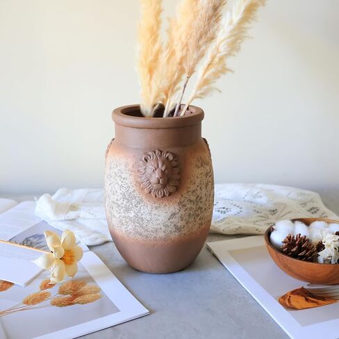 Rustic Farmhouse Vase, Lion Head Pattern Design for All Home Decor Styles, Ceramic Flower Vase, Ideal for Living Room,Dining Room, Mantel, Bedroom,Office, Bookshelf Decoration in Saudi Arabia