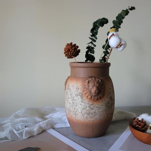 Rustic Farmhouse Vase, Lion Head Pattern Design for All Home Decor Styles, Ceramic Flower Vase, Ideal for Living Room,Dining Room, Mantel, Bedroom,Office, Bookshelf Decoration in Saudi Arabia
