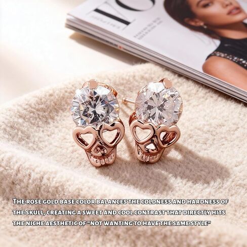 Punk Cute Skull Studs Womens Gothic Cool Statement Skeleton Jewelry Candy Skull Earrings Halloween Jewelry 1 pair -rose gold in Saudi Arabia