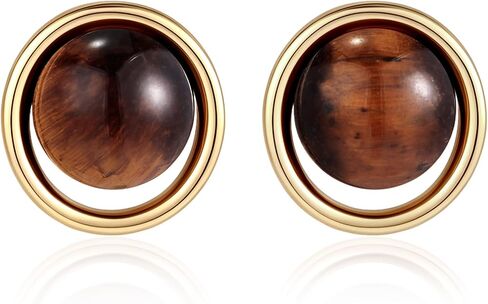 Tigers Eye Stud Earrings for Women Vintage Round Gemstone Earrings Studs | 14K Gold Plated Tiger’s Eye Stone Brown Jewelry Gifts in Saudi Arabia