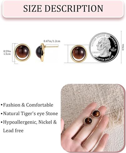 Tigers Eye Stud Earrings for Women Vintage Round Gemstone Earrings Studs | 14K Gold Plated Tiger’s Eye Stone Brown Jewelry Gifts in Saudi Arabia