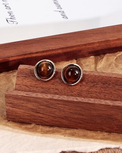 Tigers Eye Stud Earrings for Women Vintage Round Gemstone Earrings Studs | 14K Gold Plated Tiger’s Eye Stone Brown Jewelry Gifts in Saudi Arabia