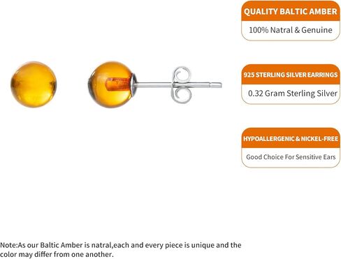Baltic Amber Sterling Silver Small Stud Ball Earrings for Women in Saudi Arabia