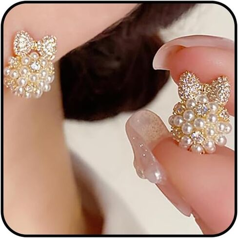 Gold Rhinestone Bow Pearl Stud Earrings for Women Chunky CZ Bowknot Pearls Stud Earrings Dainty Butterfly Knot Beaded Earrings Jewelry Accessories in Saudi Arabia
