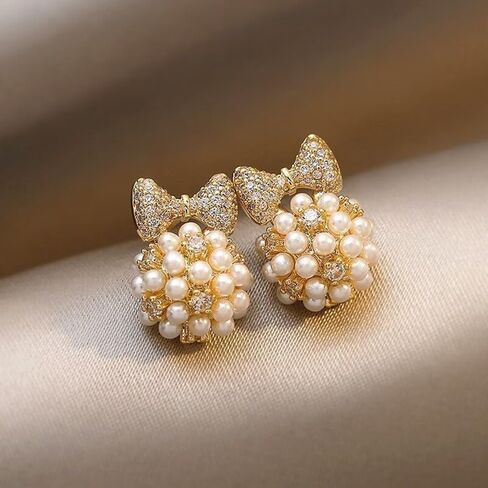 Gold Rhinestone Bow Pearl Stud Earrings for Women Chunky CZ Bowknot Pearls Stud Earrings Dainty Butterfly Knot Beaded Earrings Jewelry Accessories in Saudi Arabia
