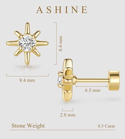 ASHINE Flat Back Stud Earrings Hypoallergenic 14K Gold Plated 925 Silver Post Dainty CZ Cartilage Helix Tragus Piercing Star Jewelry for Women in Saudi Arabia