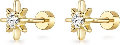ASHINE Flat Back Stud Earrings Hypoallergenic 14K Gold Plated 925 Silver Post Dainty CZ Cartilage Helix Tragus Piercing Star Jewelry for Women in Saudi Arabia