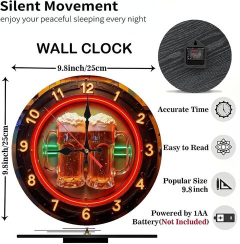 Beer Neon Style Clock Sign for Bar Or Pub10-Inch Wooden Wall Clock, Silent Movement, Battery Operated (AA Batteries Not Included), Artistic Home Decor, Perfect for Home Accents in Saudi Arabia