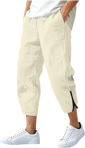 Men's Linen Harem Capri Pants Lightweight Loose 3/4 Shorts Drawstring Elastic Waist Casual Beach Boho Yoga Trousers in Saudi Arabia