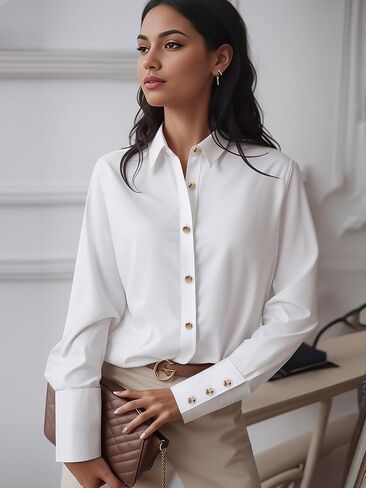 Womens Contrast Button Down Shirt Collared Long Sleeve Shirt Solid Casual Office Blouses Business Tops in Kuwait