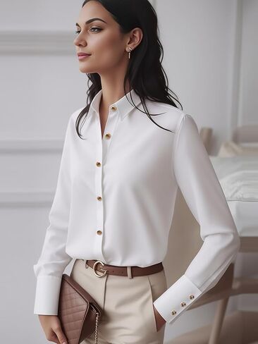Womens Contrast Button Down Shirt Collared Long Sleeve Shirt Solid Casual Office Blouses Business Tops in Kuwait