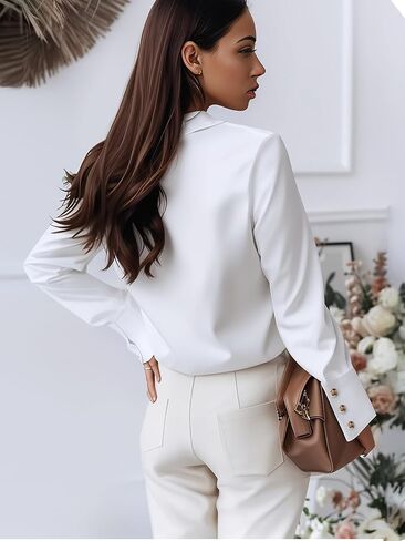 Womens Contrast Button Down Shirt Collared Long Sleeve Shirt Solid Casual Office Blouses Business Tops in Kuwait