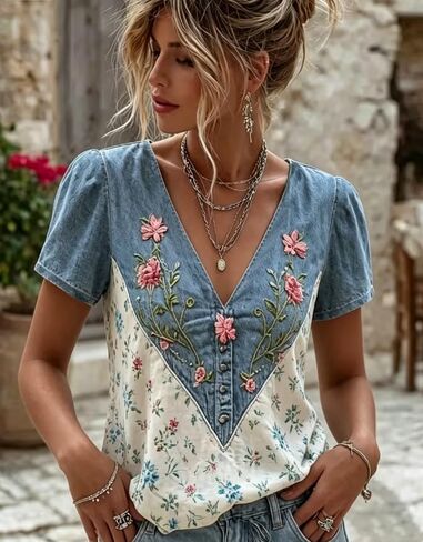 Women's Summer Elegant Faux Denim Color Block Patchwork Ditsy Floral Print V-Neck Short Sleeve Top in Kuwait