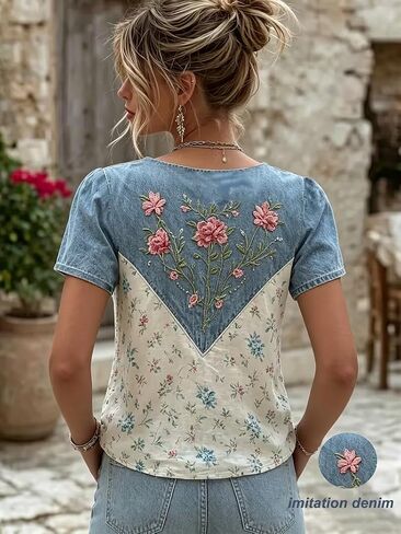 Women's Summer Elegant Faux Denim Color Block Patchwork Ditsy Floral Print V-Neck Short Sleeve Top in Kuwait