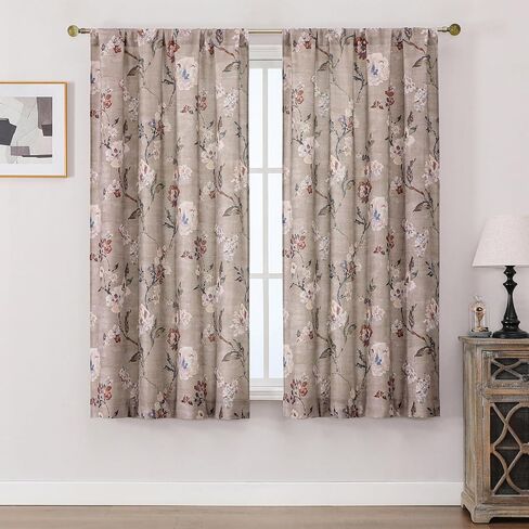 OWENIE Linen Floral Curtains for Bedroom - 63 Inch Length 2 Panels Set, Elegant Rustic Farmhouse Printed Rod Pocket Curtain Flower Patterned Drapes for Living Room,2 Pcs Each 40W x 63L,Taupe in Kuwait