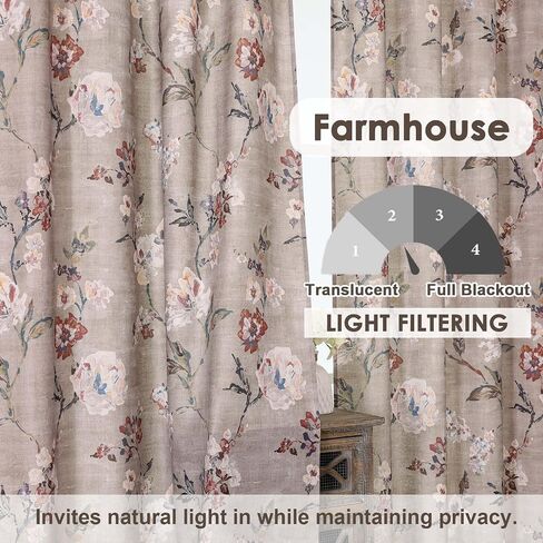 OWENIE Linen Floral Curtains for Bedroom - 63 Inch Length 2 Panels Set, Elegant Rustic Farmhouse Printed Rod Pocket Curtain Flower Patterned Drapes for Living Room,2 Pcs Each 40W x 63L,Taupe in Kuwait
