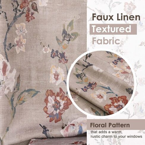 OWENIE Linen Floral Curtains for Bedroom - 63 Inch Length 2 Panels Set, Elegant Rustic Farmhouse Printed Rod Pocket Curtain Flower Patterned Drapes for Living Room,2 Pcs Each 40W x 63L,Taupe in Kuwait