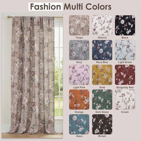 OWENIE Linen Floral Curtains for Bedroom - 63 Inch Length 2 Panels Set, Elegant Rustic Farmhouse Printed Rod Pocket Curtain Flower Patterned Drapes for Living Room,2 Pcs Each 40W x 63L,Taupe in Kuwait