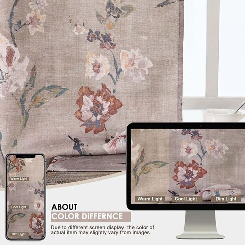 OWENIE Linen Floral Curtains for Bedroom - 63 Inch Length 2 Panels Set, Elegant Rustic Farmhouse Printed Rod Pocket Curtain Flower Patterned Drapes for Living Room,2 Pcs Each 40W x 63L,Taupe in Kuwait
