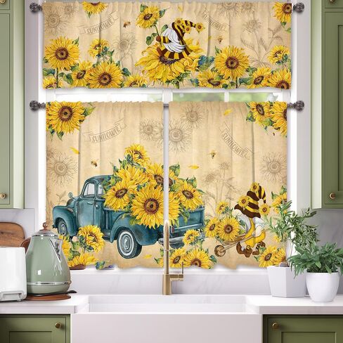 Sunflower Kitchen Curtains and Valances Set 3 PCS for Window, Gnomes Spring and Summer Kitchen Decor for Bahtroom, Home - Laundry Farmhouse Short Curtains 54" w x 18" L and 27" w x 36"L in Kuwait