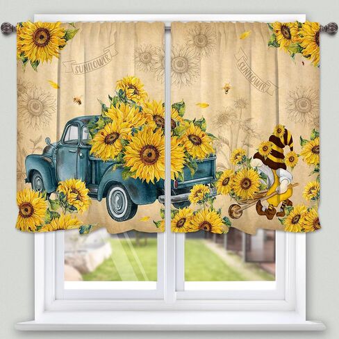 Sunflower Kitchen Curtains and Valances Set 3 PCS for Window, Gnomes Spring and Summer Kitchen Decor for Bahtroom, Home - Laundry Farmhouse Short Curtains 54" w x 18" L and 27" w x 36"L in Kuwait