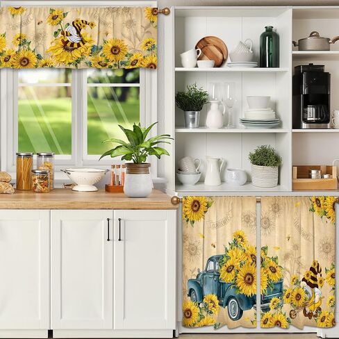 Sunflower Kitchen Curtains and Valances Set 3 PCS for Window, Gnomes Spring and Summer Kitchen Decor for Bahtroom, Home - Laundry Farmhouse Short Curtains 54" w x 18" L and 27" w x 36"L in Kuwait