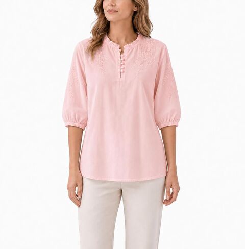 Womens Boho Half Sleeve Shirts Floral Embroidered Ruffle Neck Casual Half Button Summer Shirt in Kuwait