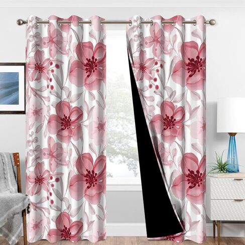 Pink Floral Blackout Curtains for Bedroom and Living Room, Summer Vintage Black Out Curtains 84 Inch Long 2 Panels Set with Tassel Tiebacks, Thermal Insulated Soundproof Grommet Darkening Curtains in Kuwait
