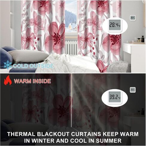 Pink Floral Blackout Curtains for Bedroom and Living Room, Summer Vintage Black Out Curtains 84 Inch Long 2 Panels Set with Tassel Tiebacks, Thermal Insulated Soundproof Grommet Darkening Curtains in Kuwait